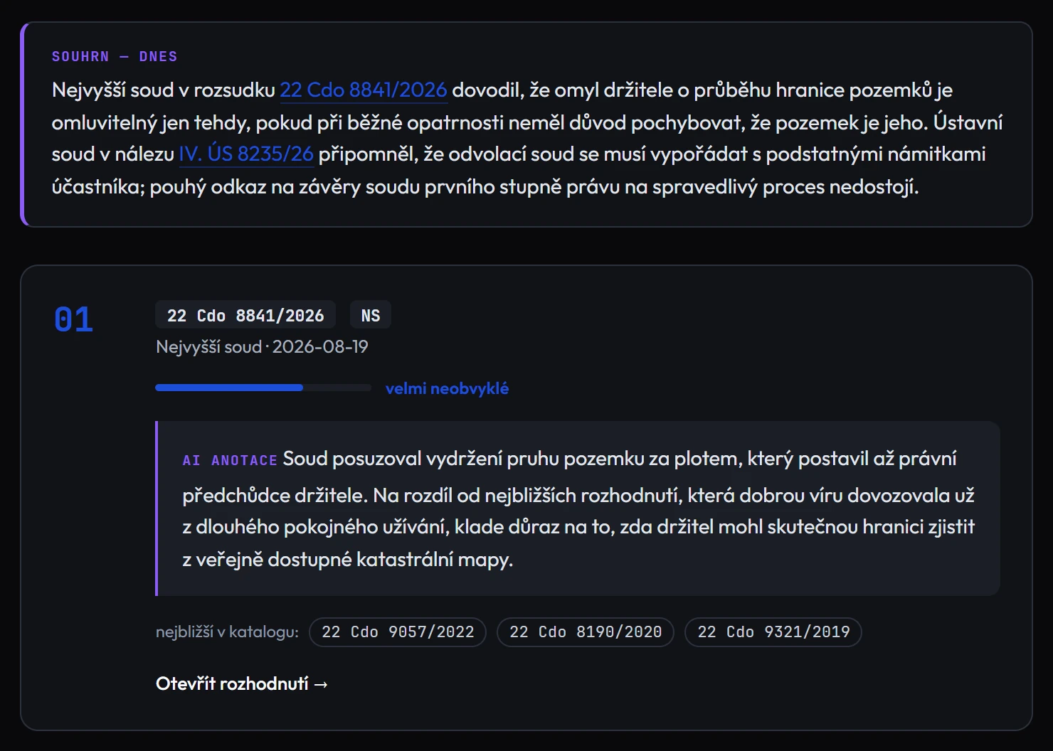 Katalog: souhrn rozhodnutí, která za den přibyla, a vybrané rozhodnutí s AI anotací a nejbližšími rozhodnutími v katalogu.