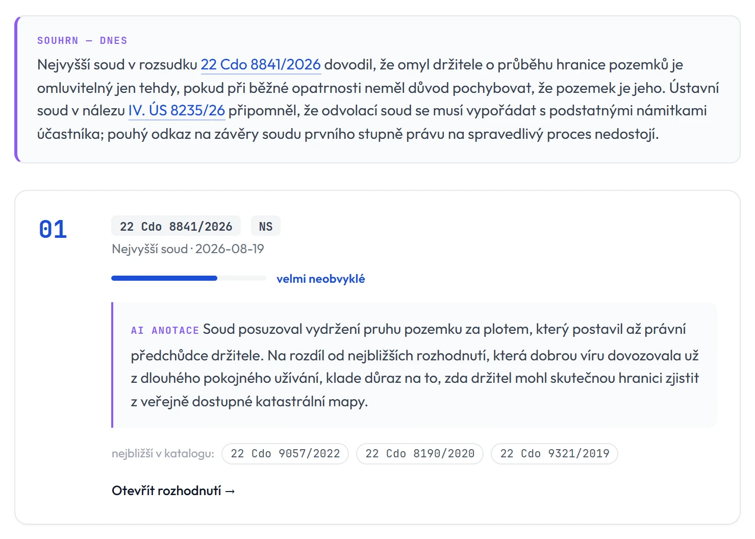 Katalog: souhrn rozhodnutí, která za den přibyla, a vybrané rozhodnutí s AI anotací a nejbližšími rozhodnutími v katalogu.
