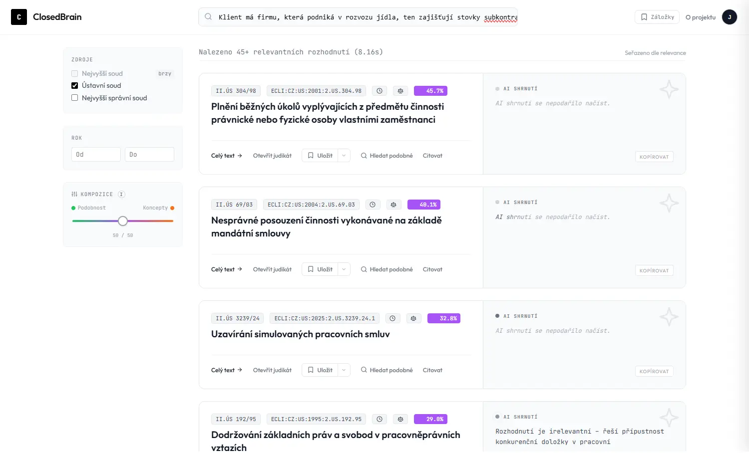 Ukázka rozhraní ClosedBrain s výsledky judikatury